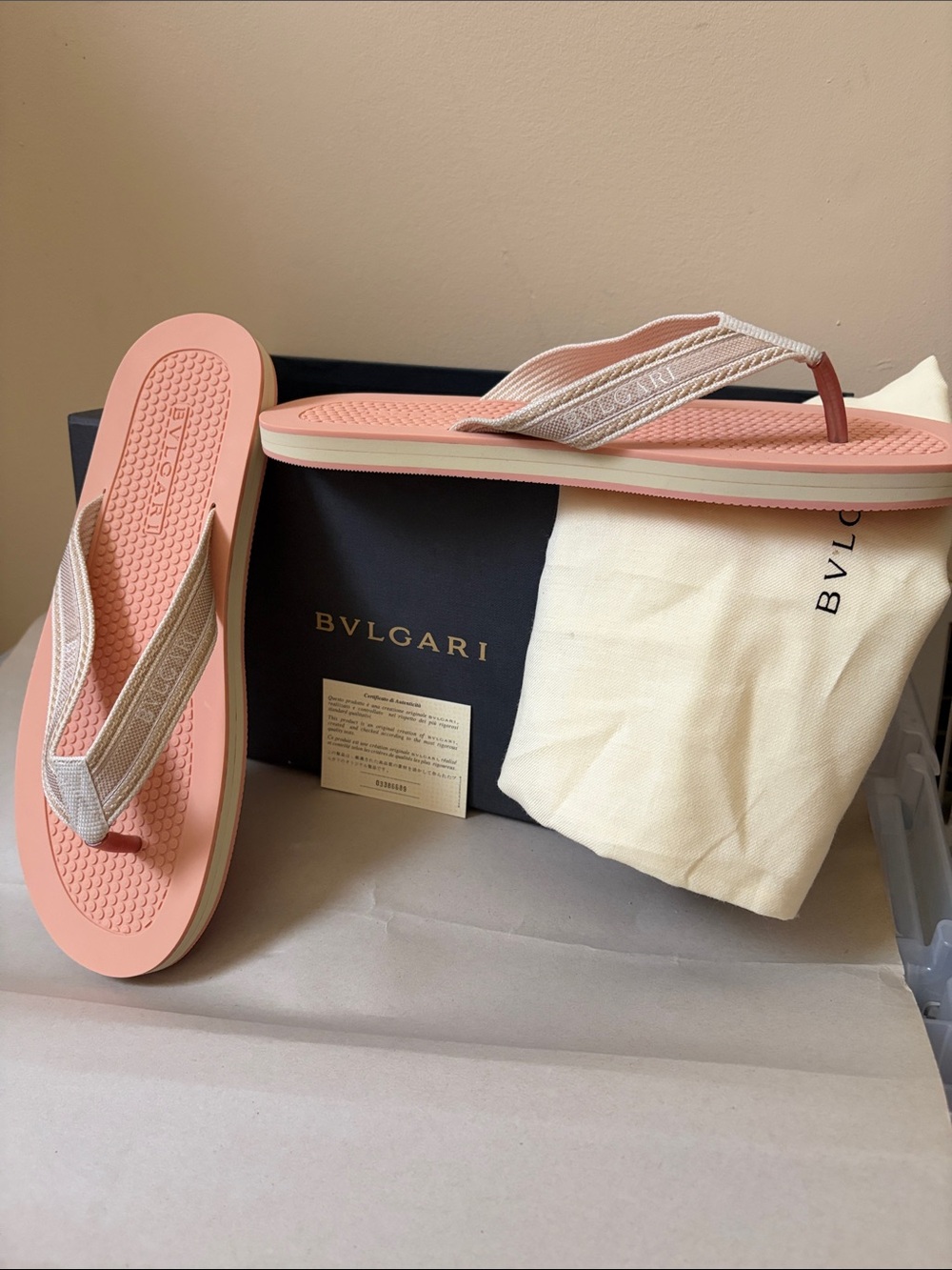 Bulgari Pink and Beige Logo-Detail Thong Sandals
